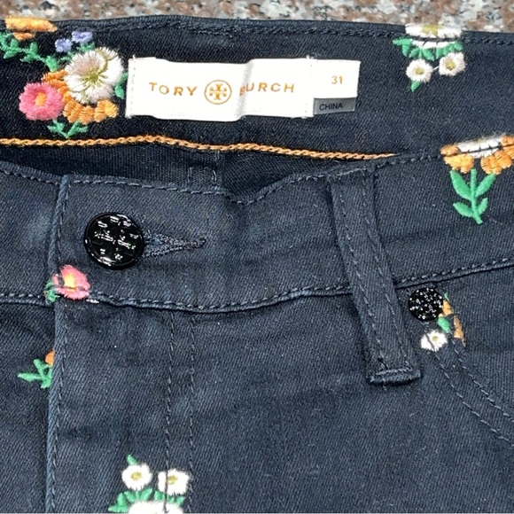 Tory Burch Brindle Black Floral Embroidered Jeans - Picture 3 of 8